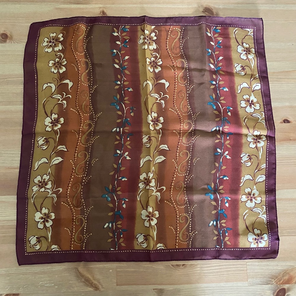 Vintage Floral Striped Square Scarf Brown Burgundy Gold Polyester